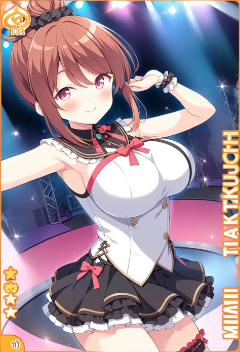 takeuchimimi, brown hair, hair bun, hair up, hair scrunchie, black scrunchie, polka dot, hair between eyes, short hair, sidelocks, pink eyes,, large breasts,, Live Stage, solo,