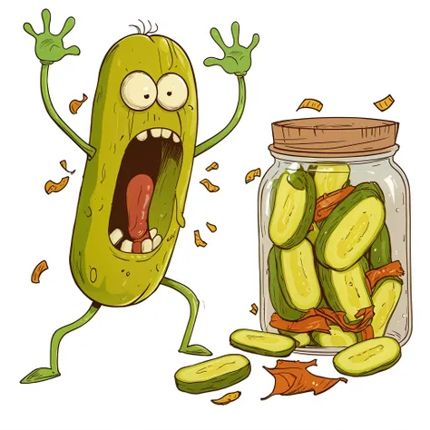 t-shirt design of a humorous and animated image featuring a pickle character. The pickle has a shocked and horrified expression, with its mouth wide open, eyes bulging, and arms raised in the air. The pickle seems to be reacting to the sight of a jar fille...