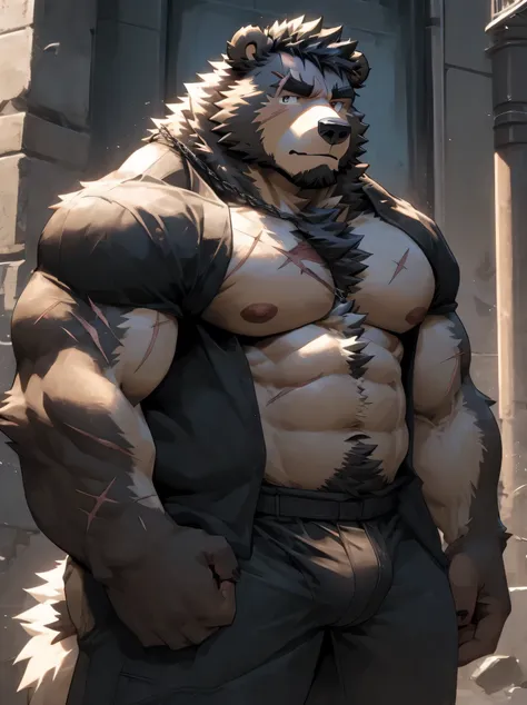 (Super detailed), Sharp focus,hairy, Black and white fur), black beard, Black Hair,human nature (棕Bear:1.3), male, Middle-aged and elderly, Brown body, White belly, Muscular ,(Crotch bulge),Super detailed face,(dishevelled:1.4),(best quality), (masterpiece...