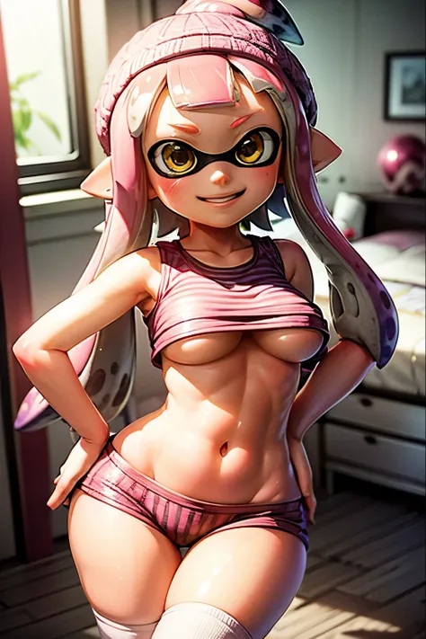 dream-like, Angle from above, highest quality, Beautiful details, Splatoon Girl, 20-year-old、gigantic breast, slender、tall、Small hips, Golden Eyes, Pink tentacle hair, Crop top, Micro Shorts, Bedroom, Striped knee socks,transformation, , blush、smile、Rouge、