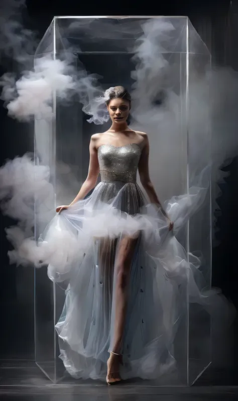 arav woman in a skirt smokes a cigarette in a transparent box, extravagant dress, wearing fancy clothes, dreamy dress, wearing a...