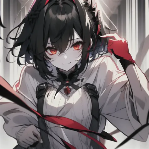 1girl, short black hair, red eyes, sadistic smile, knife,