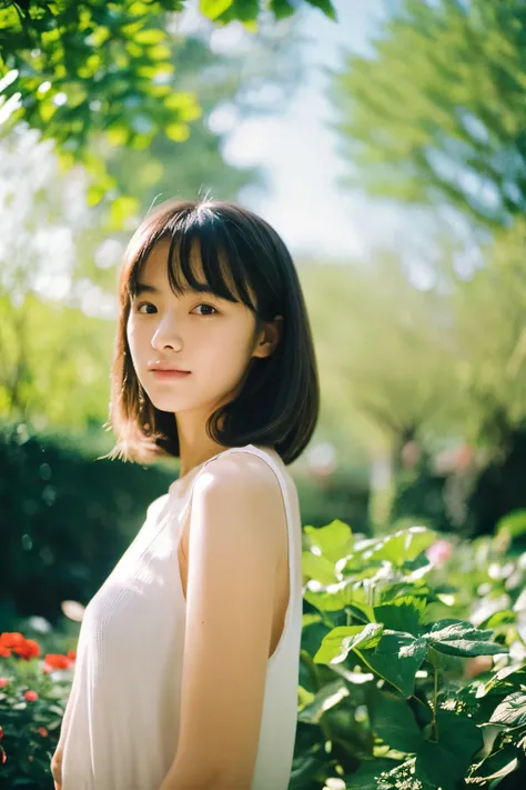 1girl, portrait, outdoor, at the garden, sunny day, film photograph