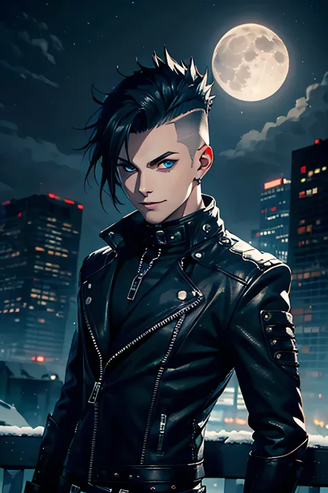 1boy solo, vampire, mohawk, blue eyes biker outfit, smiling, tall,
Background: snowy, dark city, nighttime, looking at camera full moon, dynamic lighting