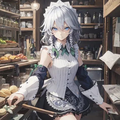 masterpiece, best quality,  1girl, solo, sakuya izayoi, silver hair, maid dress, white apron, very short skirt, sexy pose,, slee...