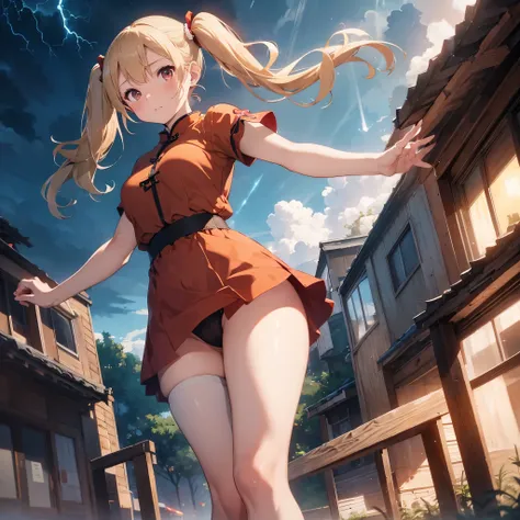 8k, Delicate image quality, best quality, (((blond twintails))), Red qipao, panty hose, 16 year  old Beautiful girl, masterpiece, best quality, ultra detailed, Photo taken from below, outdoors, storm, lightning, leg spread,