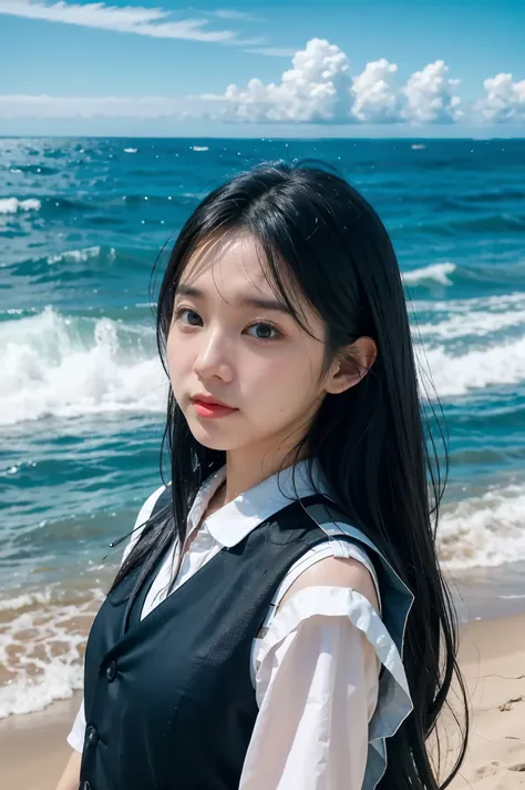 a young woman with long black hair and a vest on standing in front of the ocean with a blue sky, (1girl:0.955), (bangs:0.575), (...