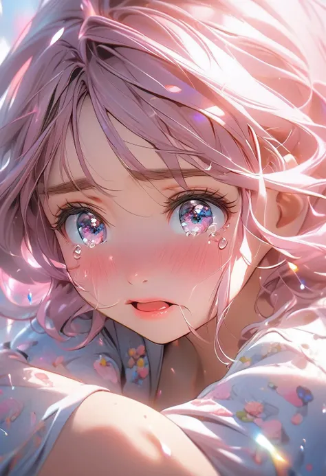 a beautiful young woman with kawaii expression,crying tears of joy, slightly upset expression, detailed facial features,intricate details, gorgeous lighting, natural soft colors, cinematic composition, high quality digital art, photorealistic, 8k, masterpi...