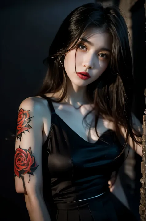 (High resolution,Practical) Long hair girl,skirt, Beautiful demon woman from hell, (in the darkness: 1.6), Very rich facial details，Red-black lips, Shoulder devil tattoo，rugged, Moderate: Detailed facial features, Determine the expression, Dark background