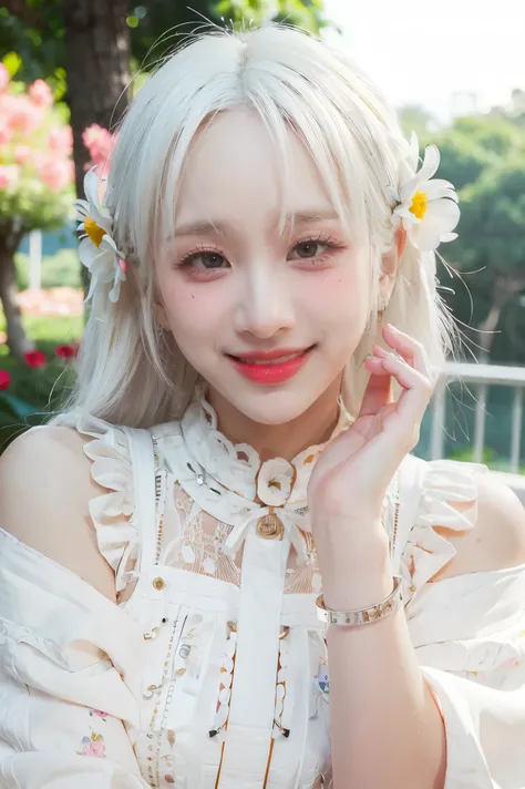 masterpiece, best quality, 1girl, white hair, smiling, looking at viewer, adult, fully mature, holding flower