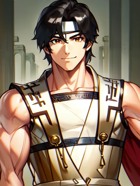 ((silver headband)), (greek armor), ((greek warrior)), ((black hair)), ((happy expression)), ((fair skin)), ((ancient greek clothing)), ((muscular body)), ((demigod of Zeus)), ((complementary colors)), ((mature male)), 1boy, beautifully drawn, high resolut...