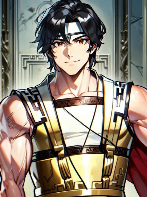 ((silver headband)), (greek armor), ((greek warrior)), ((black hair)), ((happy expression)), ((fair skin)), ((ancient greek clothing)), ((muscular body)), ((demigod of Zeus)), ((complementary colors)), ((mature male)), 1boy, beautifully drawn, high resolut...