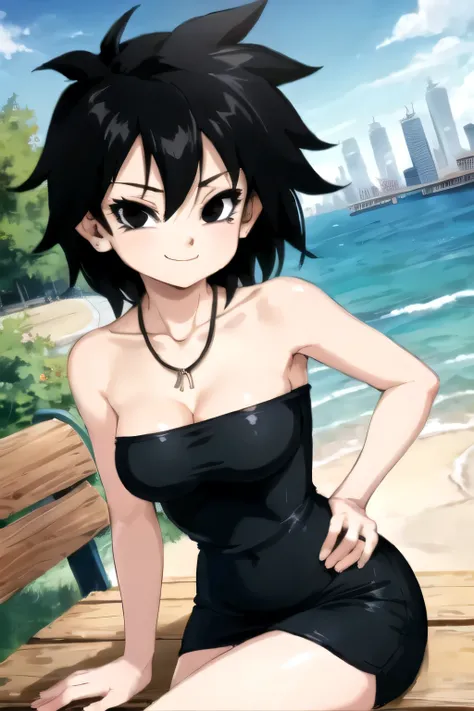 gine, 1girl, sunlight, solo, closed, blue sky, black hair, black eyes, city, bare shoulders, medium breast, collarbone, cowboy shot, short hair, looking at viewer, smile, looking at viewer, spiked hair, strapless black tube dress, necklace, pier, docks, le...