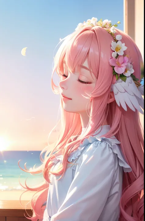 1 girl, angelic, feathered wings, warm glowing light, pink very wavy hair,  wavy hair, smile gentle smile, sleeping, closed eyes, half-foreign features, profile view, fluffy dress, blushing, bright, flowers, sun, soft sunlight, detailed eyes, detailed lips...