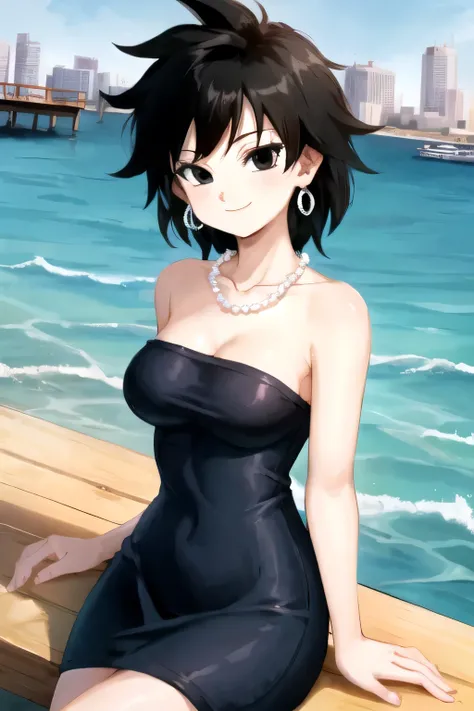 gine, 1girl, sunlight, solo, closed, blue sky, black hair, black eyes, city, bare shoulders, medium breast, collarbone, cowboy shot, short hair, pearl earrings, looking at viewer, smile, looking at viewer, spiked hair, strapless black tube dress, necklace,...