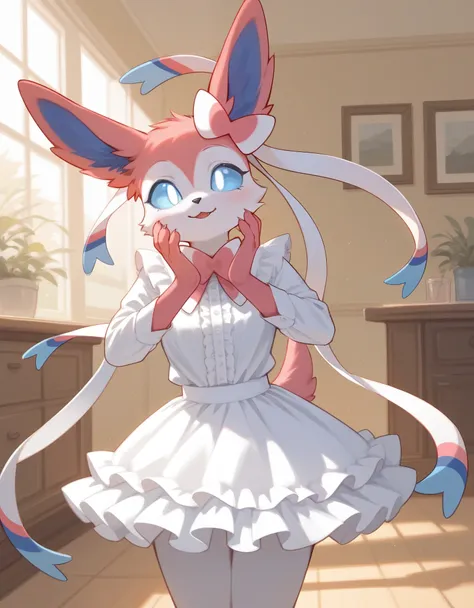 solo, score_9,score_8_up,score_7_up,  an anthro furry female sylveon, blue sclera, white eyes, wearing pink blouse, white shirt ...