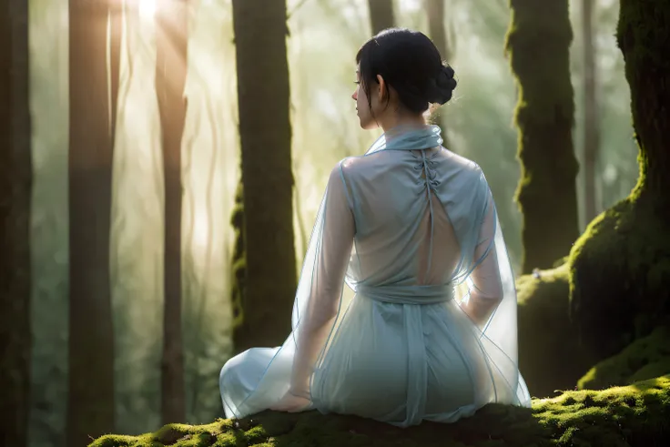 view from behind, A young female monk (Transparent silhouette:1.3), Meditation on a mossy tree in the forest, White soft flowing dress, Create a fantastic atmosphere, A wonderful interweaving of light and shadow, With a tranquil forest as the background, B...