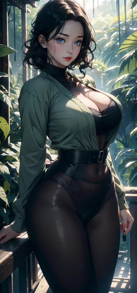 1 female，45 years old，Large Breasts，Thick thighs，Long legs，Big breasts and thin waist， 照片曝Light，（background：In the woods，Rainforest，In the summer，gale） She has short black hair，，curls，red lips，stand up，Front view， OK， gloomy sky，（（（masterpiece），（Highly det...