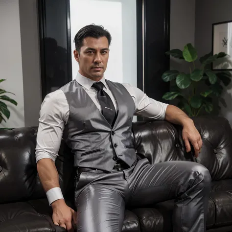 30 years old,daddy,"shiny suit",wear white shirt, glossy pants, necktie, waistcoat, shiny satin trousers,dark gray satin fabric ,Dad sit down on the sofa,  k hd,in the office,"big muscle" ,black hair,asia face,masculine,strong man,the boss is,handsome,,lea...