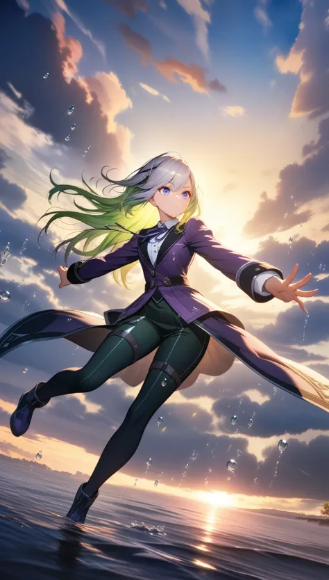 32k, best quality, ultra high res, HDR, UHD, extremely detailed CG, unity 32k wallpaper, (1 girl),(Dynamic pose),(multicoloRedhead+Silver Hair:1.3+Redhead:1.2+Purple Hair+Yellow Hair:1.3+Green Hair:1.3),(blue eyes),(Neck ribbon),(floating),(cloud),(Too man...