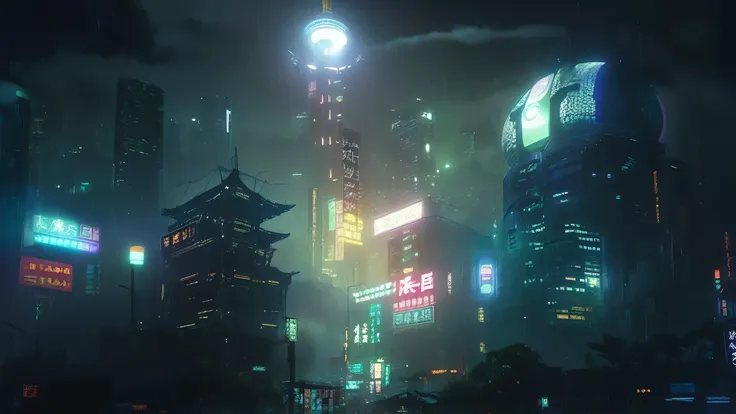 futuristic city at night with neon lights and a clock tower, hyper realistic cidade ciberpunk, rainy cidade ciberpunk, Kowloon Cyberpunk, kowloon cidade ciberpunkscape, arte cyberpunk de blade runner, cidade ciberpunk, cyberpunk in a cidade ciberpunk, futu...