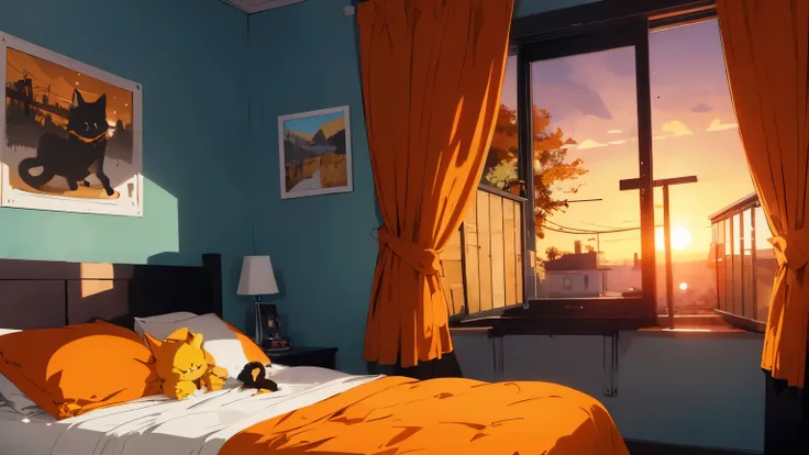 anime style, teenager room, with a girl listen music on headphone sleping, with a cat, much details in room, sunset, orange color
