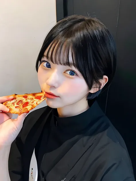 photo, beautiful japanese girl, happuly eating pizza, short cut, black hair --v 6.0 --ar 4:5 --no anime