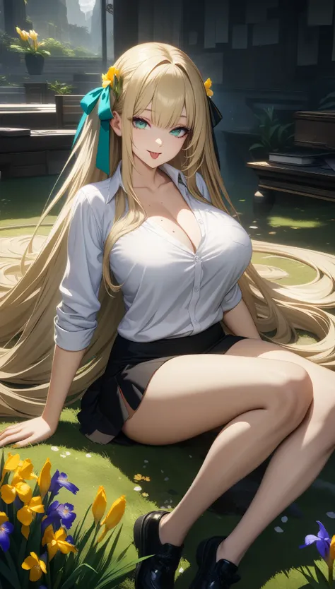 32k, best quality, ultra high res, HDR, UHD, extremely detailed CG, unity 32k wallpaper, work, highest quality, girl, long hair alternative, absurdly long hair, blonde hair, bow hair, Aqua Eye, Captivating smile, tongue, Iris, Long eyelashes, Big Breasts, ...