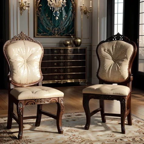 there are two chairs that are sitting on a rug in a room, elegant furniture, elegant render, wood carved chair, luxury furniture, chairs, detailed rendering, highly detailed render, detailed zoom photo, rendering, with photorealistic lighting, hyper - real...