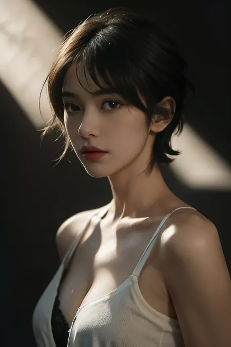 Best quality, masterpiece, ultra high res, (photorealistic:1.5), raw photo, 1girl,, in the dark, deep shadow, low key, cold light, sexy look, short hair, smooth , Deep neckline, She is pulling her shirt over her head, reveal her black bra, tied hair