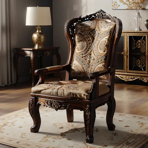 there is a chair that is sitting on a rug in a room, wood carved chair, features intricate detail, hyper ornate, detailed rendering, masterpiece intricate elegant, elegant render, elegant and ornate, exquisitely ornate, insanely detailed rendering, photo s...