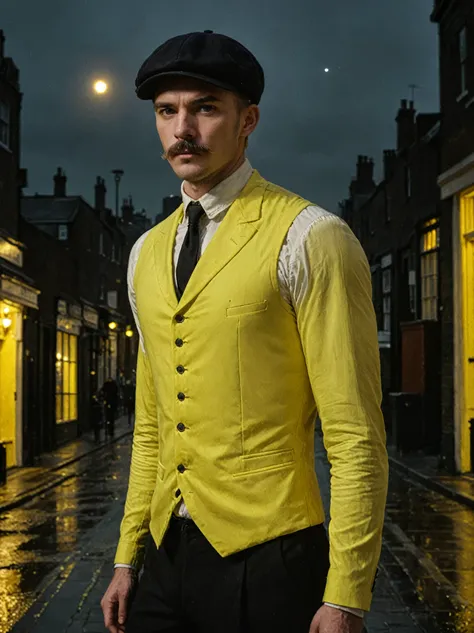 Man, high resolution, portrait, blond, mustache, small stubble, heavy jaw, strong build, boxer figure, facial scars, Victorian cap, Victorian fashion, bright yellow victorian vest, gentleman, three-piece suit, dark night London in the background