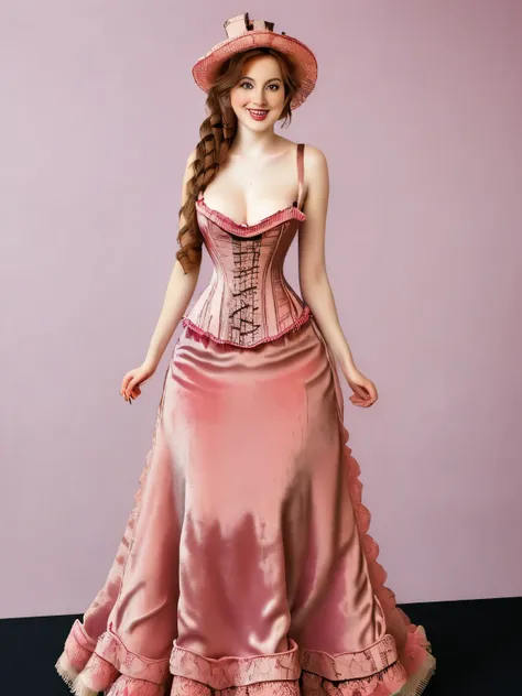 araffe woman in a pink dress and hat standing next to a table, elegant corset, romantic dress, velvet with lace gown, corset, victorian inspired clothing, in victorian aristocrat, dreamy and ethereal, victorian era, retro and ethereal, romantic gown, victo...