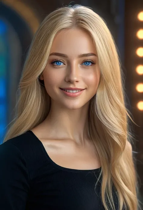 hyper realistic,,aqheodd, realistic style, a woman with long blonde hair and a black top, 1girl, solo, long hair, looking at vie...