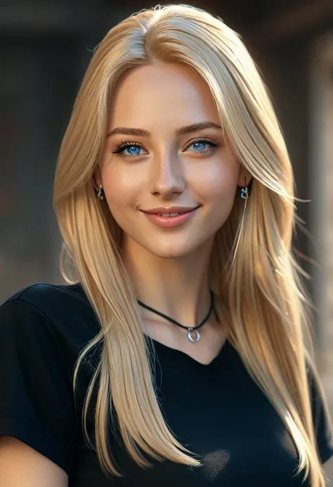 hyper realistic,,aqheodd, realistic style, a woman with long blonde hair and a black shirt, 1girl, solo, long hair, looking at viewer, smile, blue eyes, blonde hair, shirt, closed mouth, upper body, lips, black shirt, piercing, ear piercing, realistic, nos...