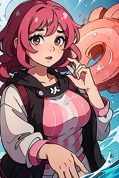 Black character with pink curly hair that dominates the water