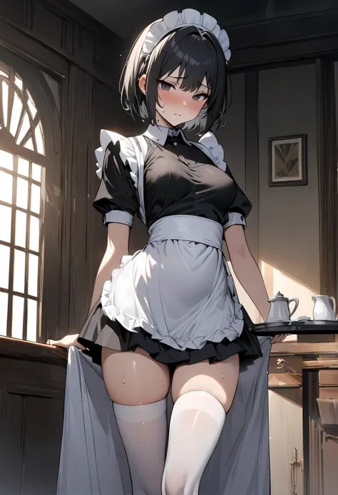 (((masterpiece, highest quality))),nsfw,cowboy shot,20 year old beauty, solo,((very small head)),black hair,short hair,bangs,black eyes,shy,medium breasts,(((very long body,slender body))),skinny,gleaming skin,oily skin,sweat,(japanese maid dress,White col...