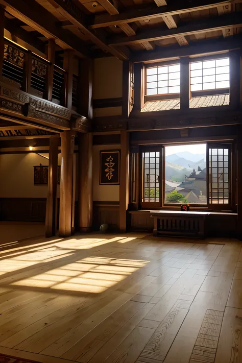 Large martial arts hall, carved wooden columns with dragons, stone walls engraved with oriental designs, environment with cinematographic lighting, rich in details, window in the background overlooking monasteries, large-scale environment, large floor spac...