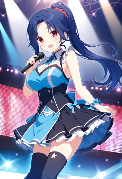 MIZUNOFUUKA, BLUE HAIR, BLACK HAIR, PONYTAIL, SCRUNCHIE, HAIR ORNAMENT, LONG HAIR, RED EYES,, large breasts,, Live Stage, solo,