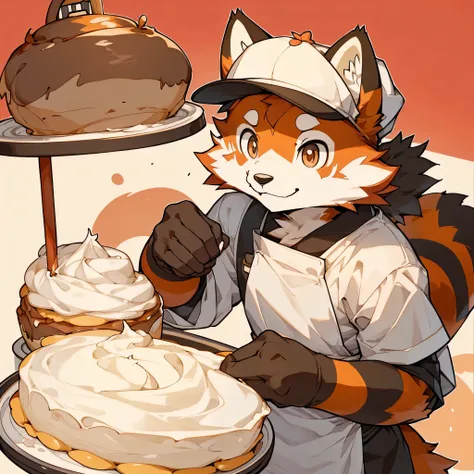 masterpiece,High quality,furry,male,(Red panda making sweets),(Whole body),shy face,cook hat,kitchen,perfect background,