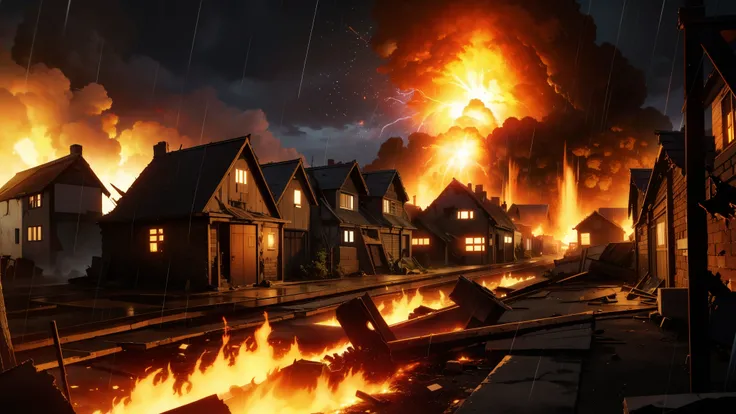 night,destroyed village,burnning,fire,raining.ruined houses,explosion,destruction