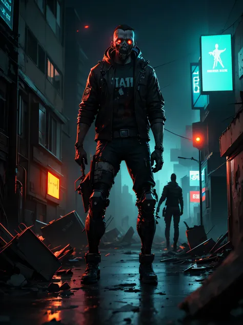 cyberpunk apocalyptic scene, destroyed city, ((decaying bodies)), mutant cyborg zombies, advanced technology, neon lights, dark ...