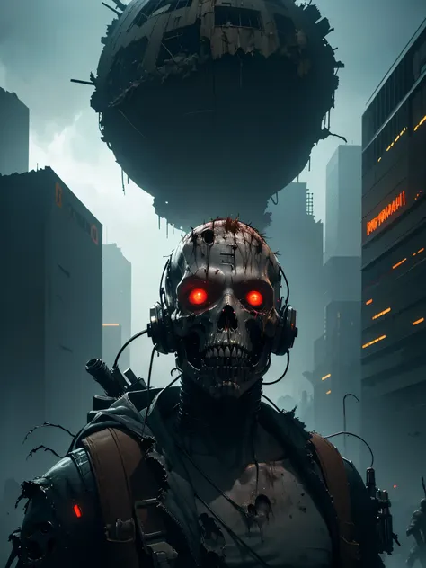 cyberpunk apocalyptic scene, destroyed city, ((decaying bodies)), mutant cyborg zombies, advanced technology, neon lights, dark ...