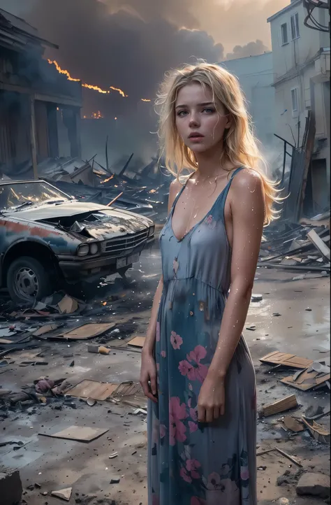 blonde woman in a dress in front of a destroyed building, filme ainda 8k, Filme 8K ainda, Stefan Koidl, por Andrzej Wróblewski, destroyed city in the background, Sergei Zabelin, embaralhamento dos namorados, by Ludwik Konarzewski, in a post-apocalyptic set...