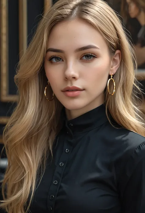 hyper realistic,,aqheodd, realistic style, a woman with long hair and a black shirt, 1girl, solo, long hair, looking at viewer, blonde hair, brown hair, jewelry, earrings, parted lips, blurry, lips, portrait, hoop earrings, realistic, highly detailed, shar...