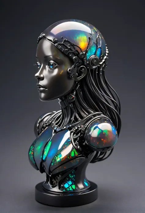 Busto de robot, mujer, cyborg, futurista, made of black opal, jellyfish mythology