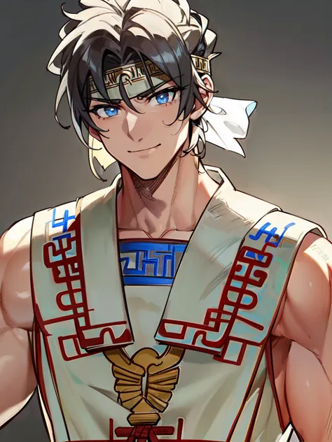 ((silver headband)), (greek armor), ((greek warrior)), ((black hair)), ((happy expression)), ((fair skin)), ((ancient greek clothing)), ((muscular body)), ((demigod of Zeus)), ((complementary colors)), ((mature male)), 1boy, beautifully drawn, high resolut...