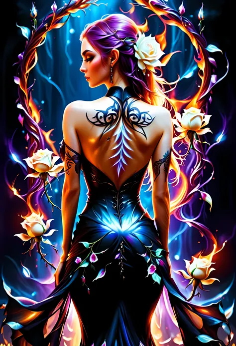 Arafed, Dark fantasy art, fantasy art, goth art, a picture of a tattoo on the back of a female elf, a glowing tattoo of a ((white rose: 1.3)) on the elfs back, the ((rose tattoo)) is vivid, intricate detailed coming to life from the ink to real life, Glowi...