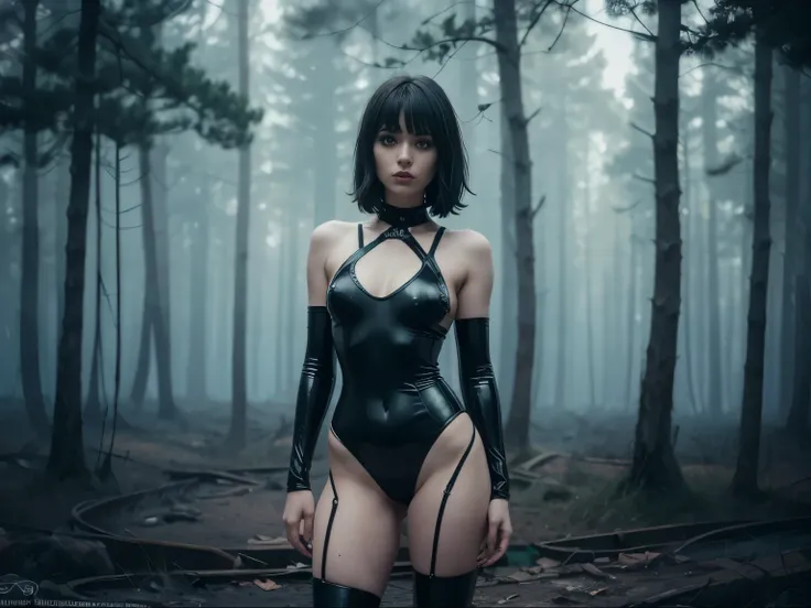 (Best Quality,hight resolution,Masterpiece, full body shot:1.2),Ultra-detailed,woman dressed in shiny latex bodysuit,sickly,standing in a burning abandoned place, high waisted leotard, full body shot, fames all around, perfect body, intricate high waisted ...