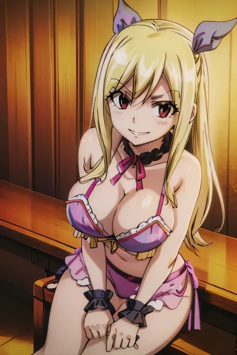 (better quality),lucy heartfilia ,lingerie sexy pose, longue jambes, large breast, sinister and evil smile
